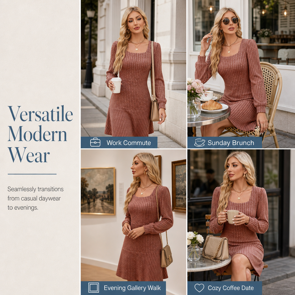 ✨ Easy Feminine Style | Women’s Square-Neck Ribbed Babydoll Dress with Pockets