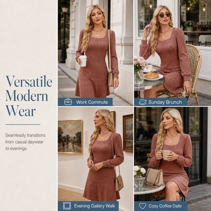 ✨ Easy Feminine Style | Women’s Square-Neck Ribbed Babydoll Dress with Pockets