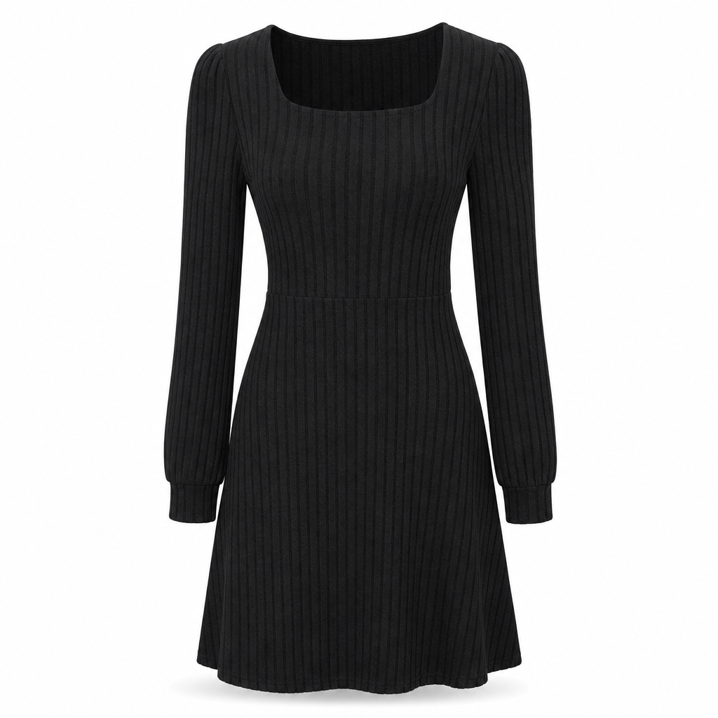 ✨ Easy Feminine Style | Women’s Square-Neck Ribbed Babydoll Dress with Pockets