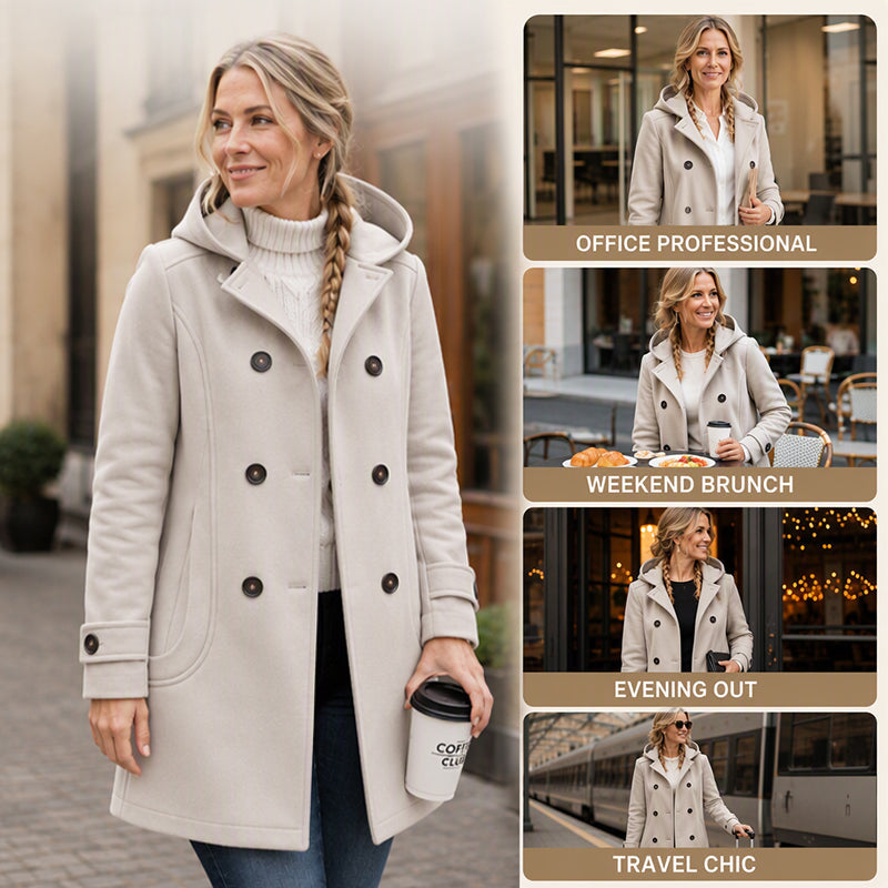 🧥 Classic Tailoring Meets Easy Coverage | Women’s Double-Breasted Hooded Pea Coat