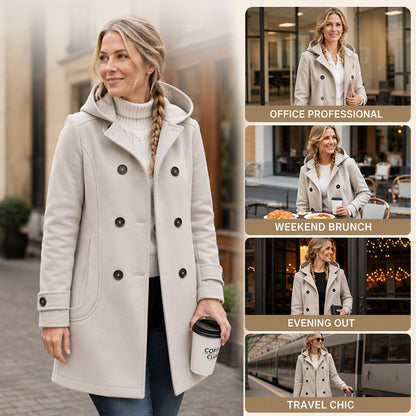 🧥 Classic Tailoring Meets Easy Coverage | Women’s Double-Breasted Hooded Pea Coat