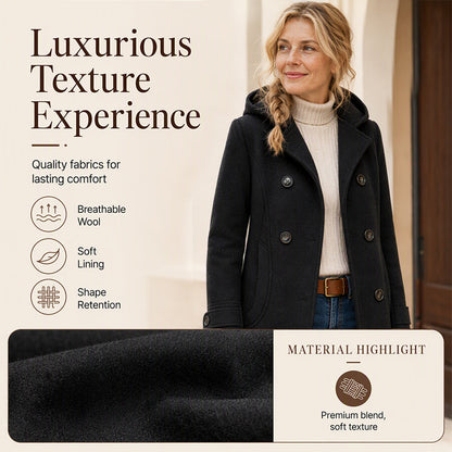 🧥 Classic Tailoring Meets Easy Coverage | Women’s Double-Breasted Hooded Pea Coat
