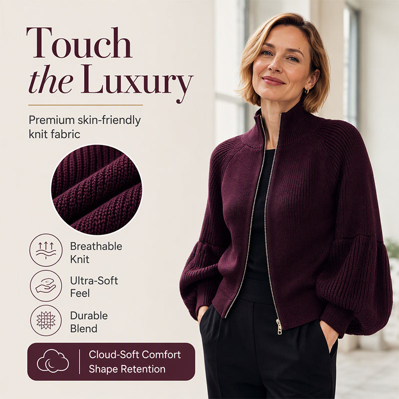 ✨ Statement Sleeves, Easy Style | Women’s Zip-Up Knit Sweater