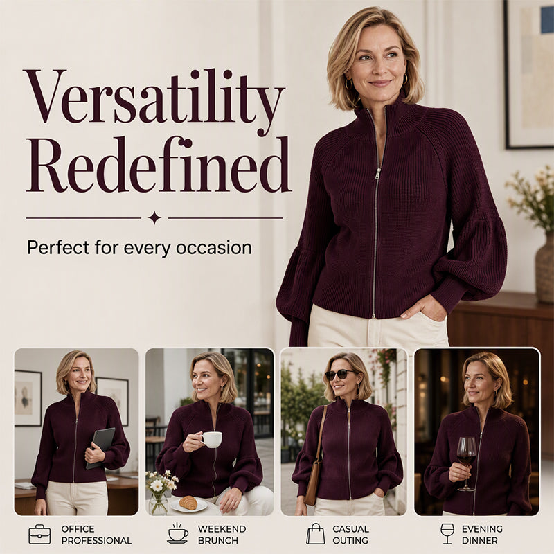 ✨ Statement Sleeves, Easy Style | Women’s Zip-Up Knit Sweater