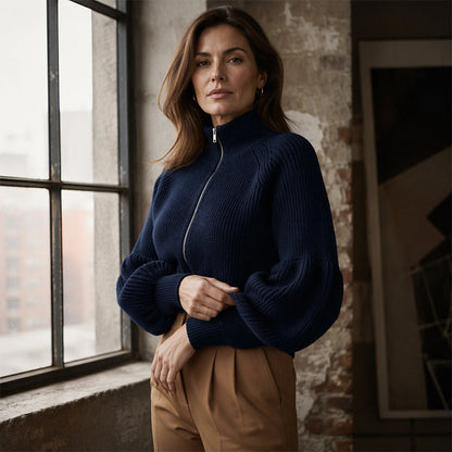 ✨ Statement Sleeves, Easy Style | Women’s Zip-Up Knit Sweater