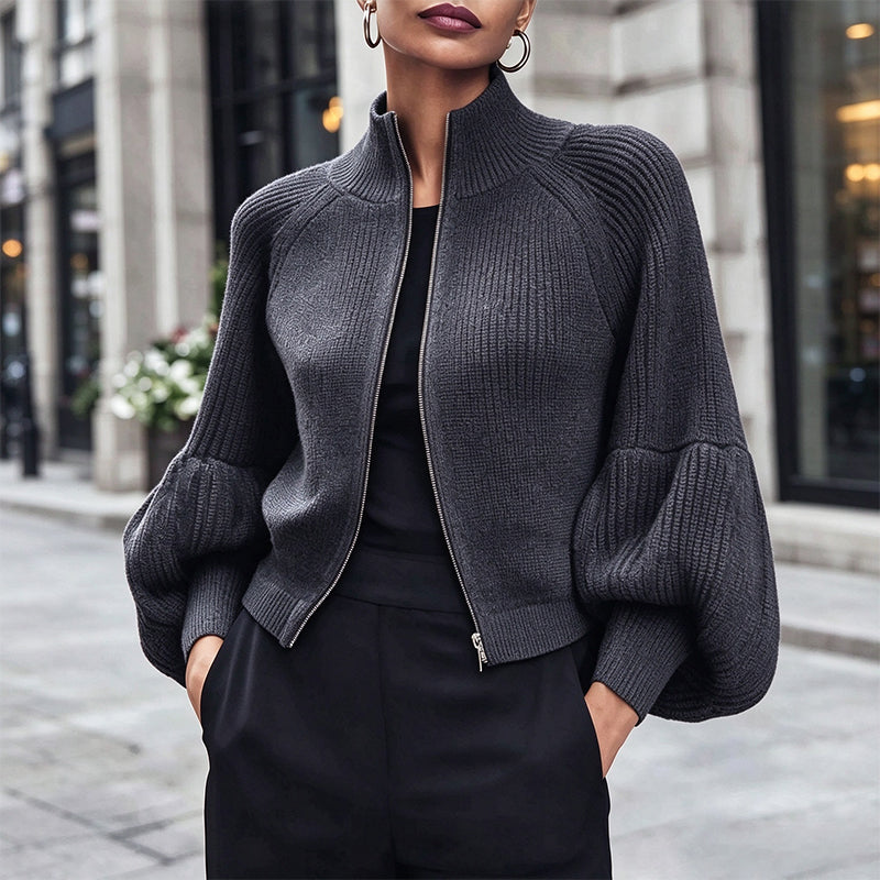 ✨ Statement Sleeves, Easy Style | Women’s Zip-Up Knit Sweater