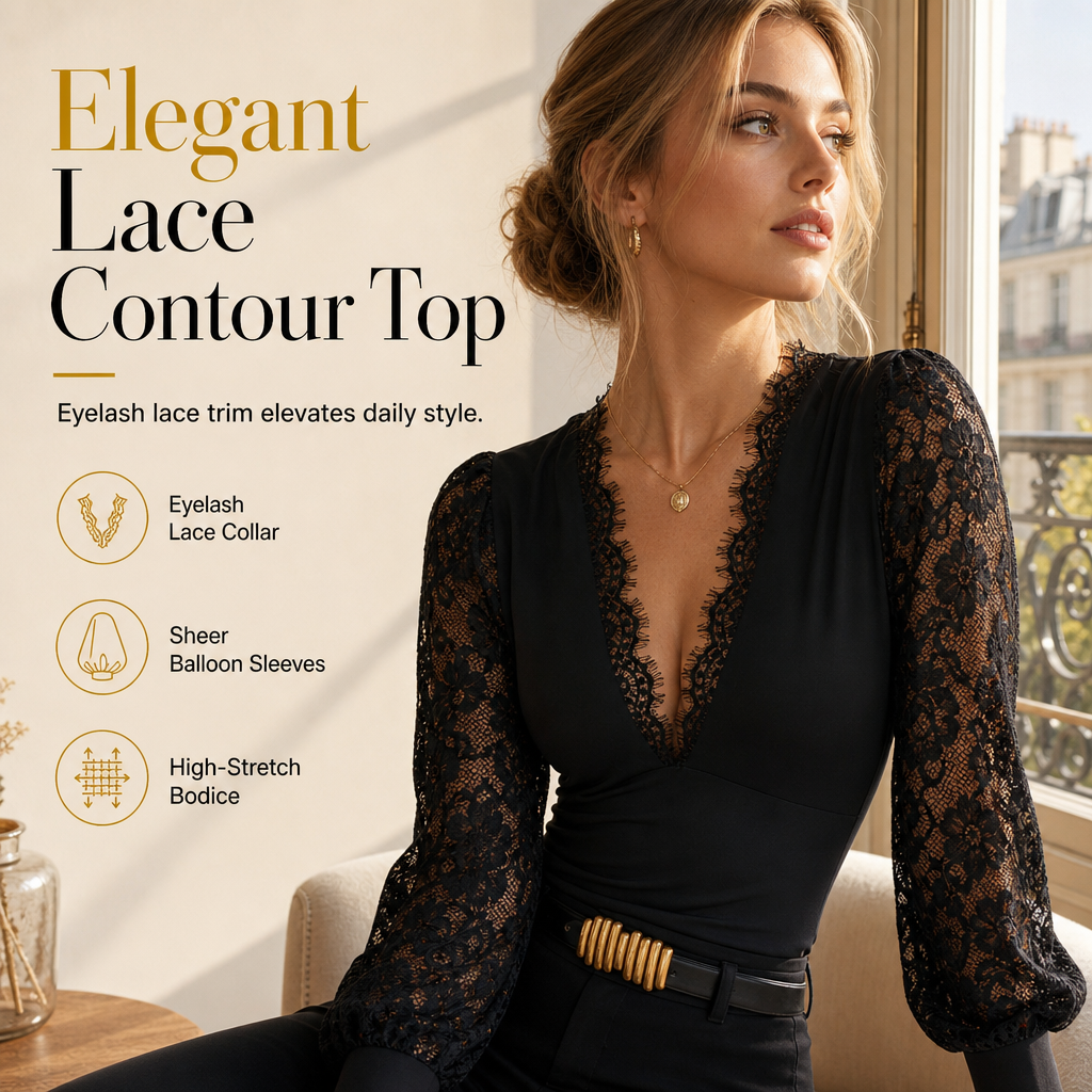 ⌛Limited-Time Offer-Women's Deep V-Neck Lace Long Sleeve Top