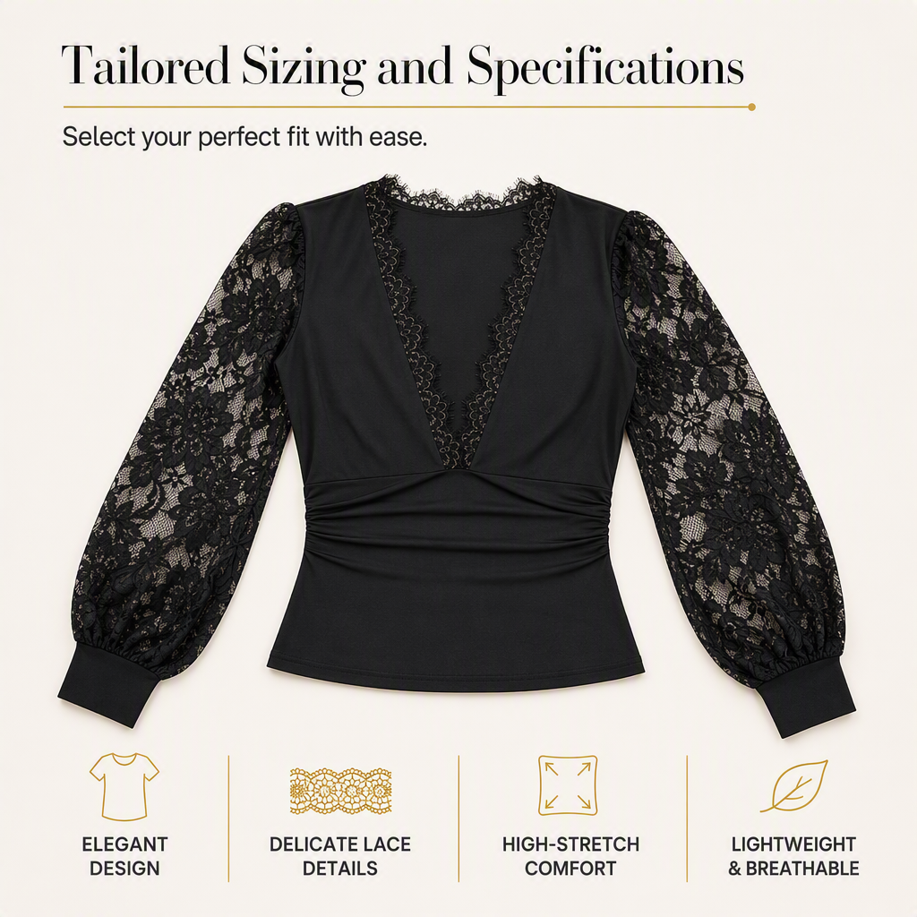 ⌛Limited-Time Offer-Women's Deep V-Neck Lace Long Sleeve Top