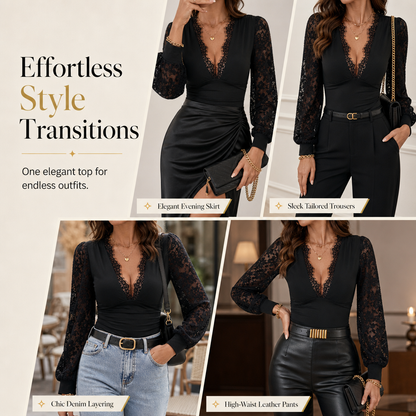 ⌛Limited-Time Offer-Women's Deep V-Neck Lace Long Sleeve Top