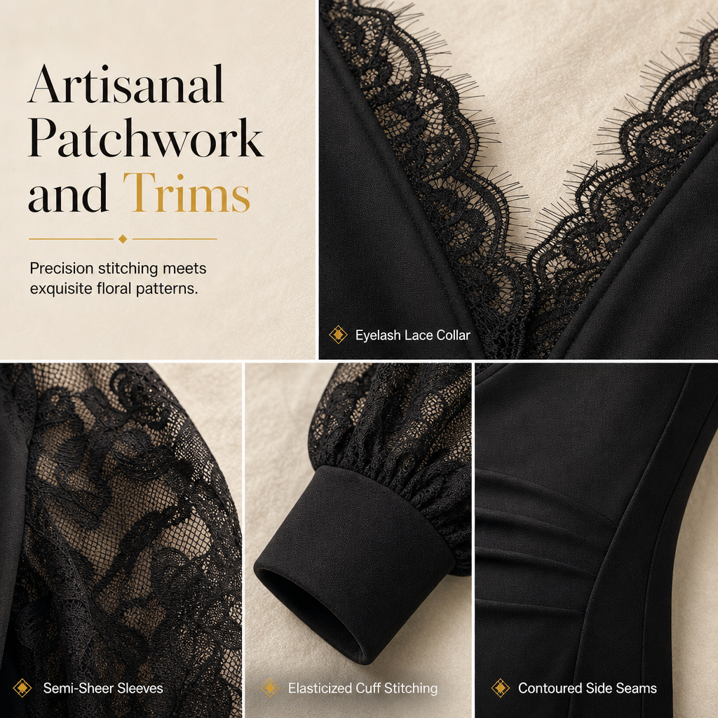 ⌛Limited-Time Offer-Women's Deep V-Neck Lace Long Sleeve Top