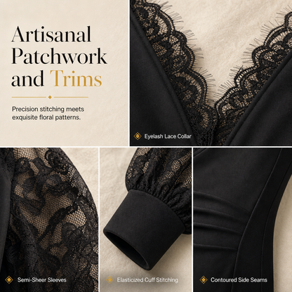 ⌛Limited-Time Offer-Women's Deep V-Neck Lace Long Sleeve Top