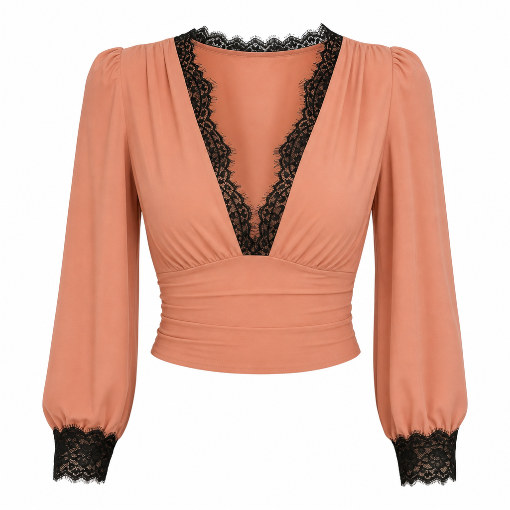 ⌛Limited-Time Offer-Women's Deep V-Neck Lace Long Sleeve Top