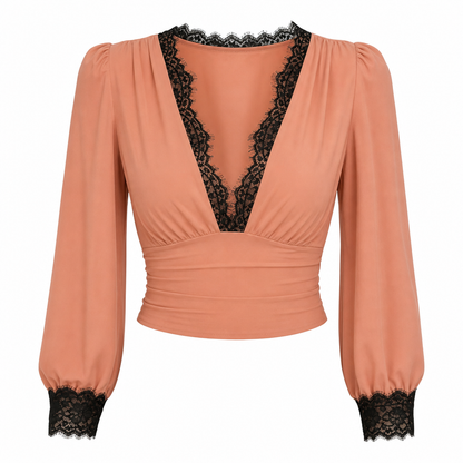 ⌛Limited-Time Offer-Women's Deep V-Neck Lace Long Sleeve Top