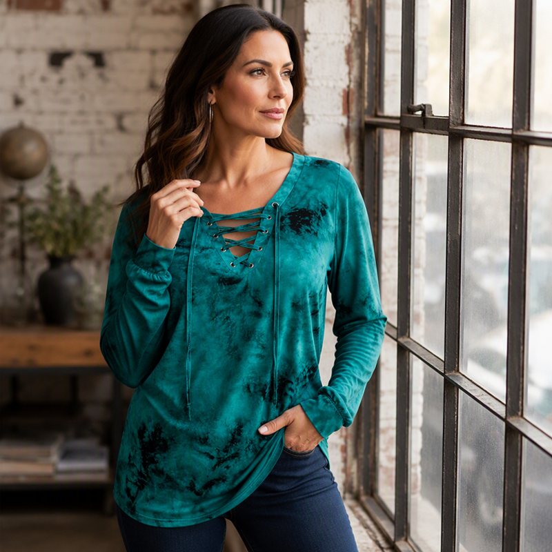 ⌛Limited Time Sale 50% OFF🔥👚Women's Tie-Dye Printed Lace-Up V-Neck Top🎁