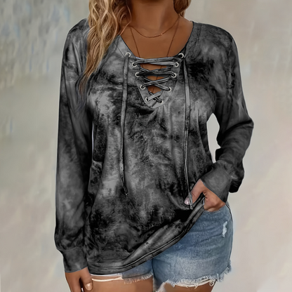 ⌛Limited Time Sale 50% OFF🔥👚Women's Tie-Dye Printed Lace-Up V-Neck Top🎁