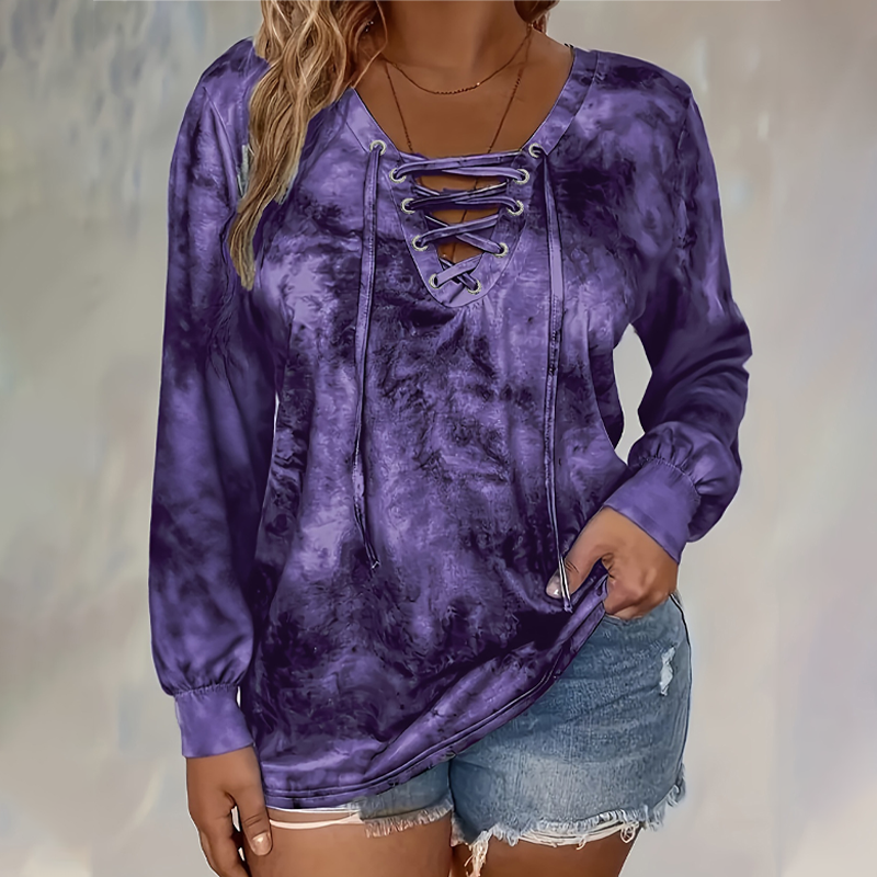 ⌛Limited Time Sale 50% OFF🔥👚Women's Tie-Dye Printed Lace-Up V-Neck Top🎁