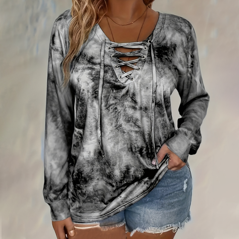 ⌛Limited Time Sale 50% OFF🔥👚Women's Tie-Dye Printed Lace-Up V-Neck Top🎁