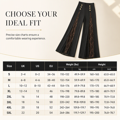 Women's High Waisted Lace Spliced Wide Leg Trousers with Decorative Gold Buttons