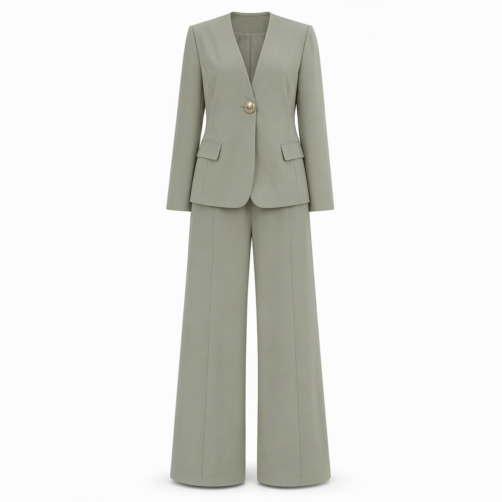 Elegant Two-Piece Suit Set with Tailored Blazer and Relaxed Wide-Leg Trousers