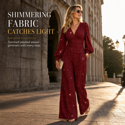 ✨ Women's Two Piece Outfit Fall Winter Deep V Neck Lantern Sleeve Pleated Top and Wide Leg Pants with Pockets