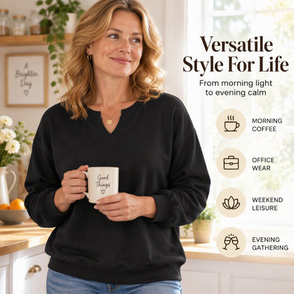 🤍 Clean Neckline, All-Day Comfort | Women's Casual Split V-Neck Sweatshirt