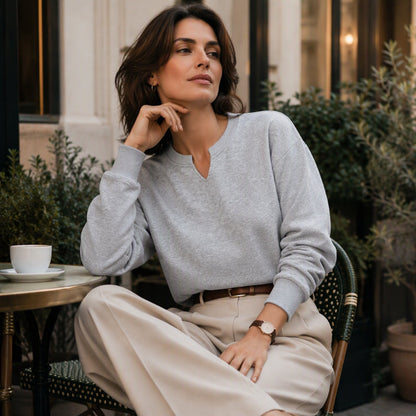 🤍 Clean Neckline, All-Day Comfort | Women's Casual Split V-Neck Sweatshirt