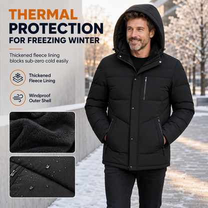 ❄️ Cold-Ready Warmth, Flexible Hood Design | Men's Winter Fleece Lined Coat with Detachable Hood