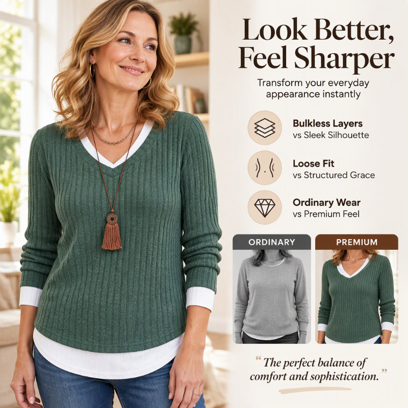 Women's 2-in-1 Layered V-Neck Ribbed Knit Top