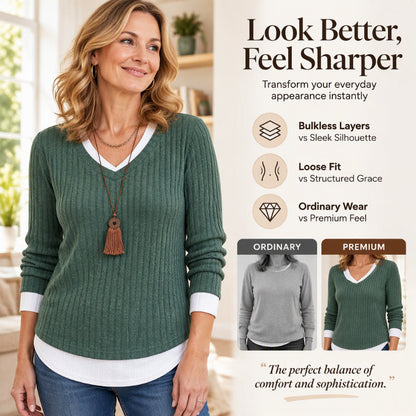 Women's 2-in-1 Layered V-Neck Ribbed Knit Top