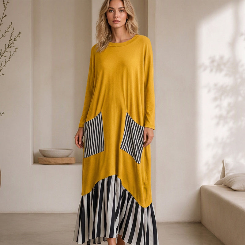 👗 Eye-Catching Pattern Mix, Graceful Long-Line Flow | Women's Striped Patchwork Long Sleeve Maxi Dress