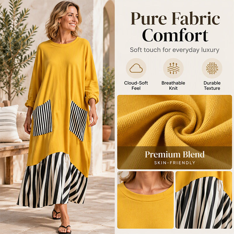 👗 Eye-Catching Pattern Mix, Graceful Long-Line Flow | Women's Striped Patchwork Long Sleeve Maxi Dress