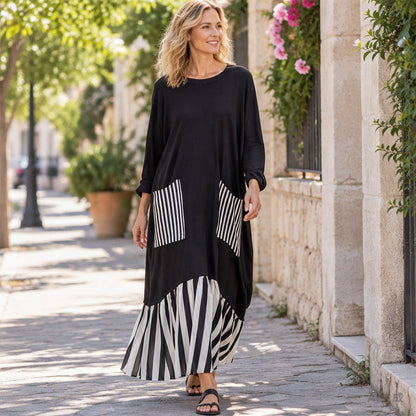 👗 Eye-Catching Pattern Mix, Graceful Long-Line Flow | Women's Striped Patchwork Long Sleeve Maxi Dress