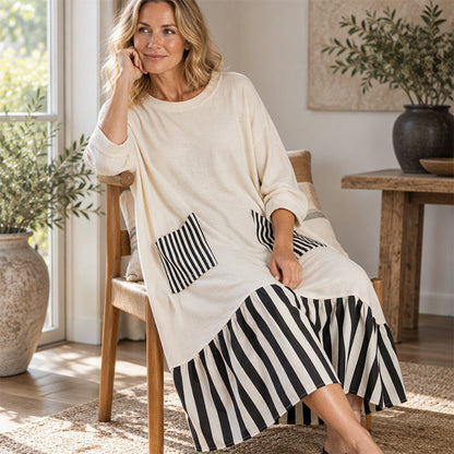 👗 Eye-Catching Pattern Mix, Graceful Long-Line Flow | Women's Striped Patchwork Long Sleeve Maxi Dress