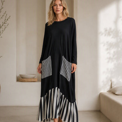 👗 Eye-Catching Pattern Mix, Graceful Long-Line Flow | Women's Striped Patchwork Long Sleeve Maxi Dress