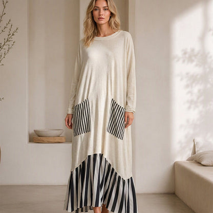 👗 Eye-Catching Pattern Mix, Graceful Long-Line Flow | Women's Striped Patchwork Long Sleeve Maxi Dress