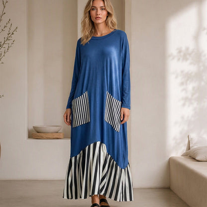 👗 Eye-Catching Pattern Mix, Graceful Long-Line Flow | Women's Striped Patchwork Long Sleeve Maxi Dress
