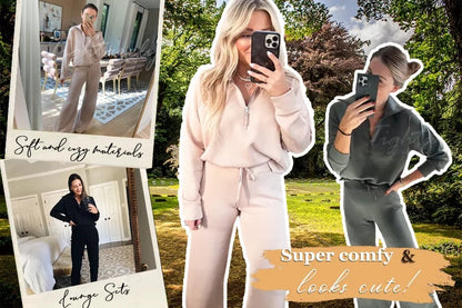 💝🔥Limited Time Sale-50% OFF🔥🎀Women's Oversized Half Zip Wide Leg 2 Piece Outfits Lounge Set