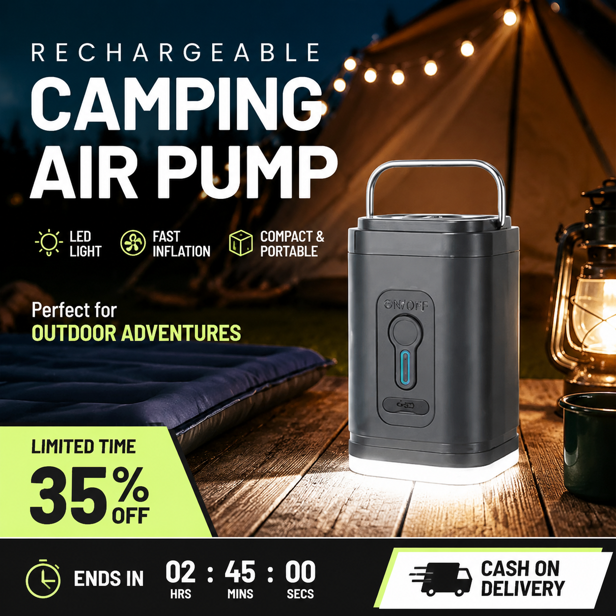 🏕️ Rechargeable Camping Air Pump – LED Light, Fast Inflation, Compact 🔋